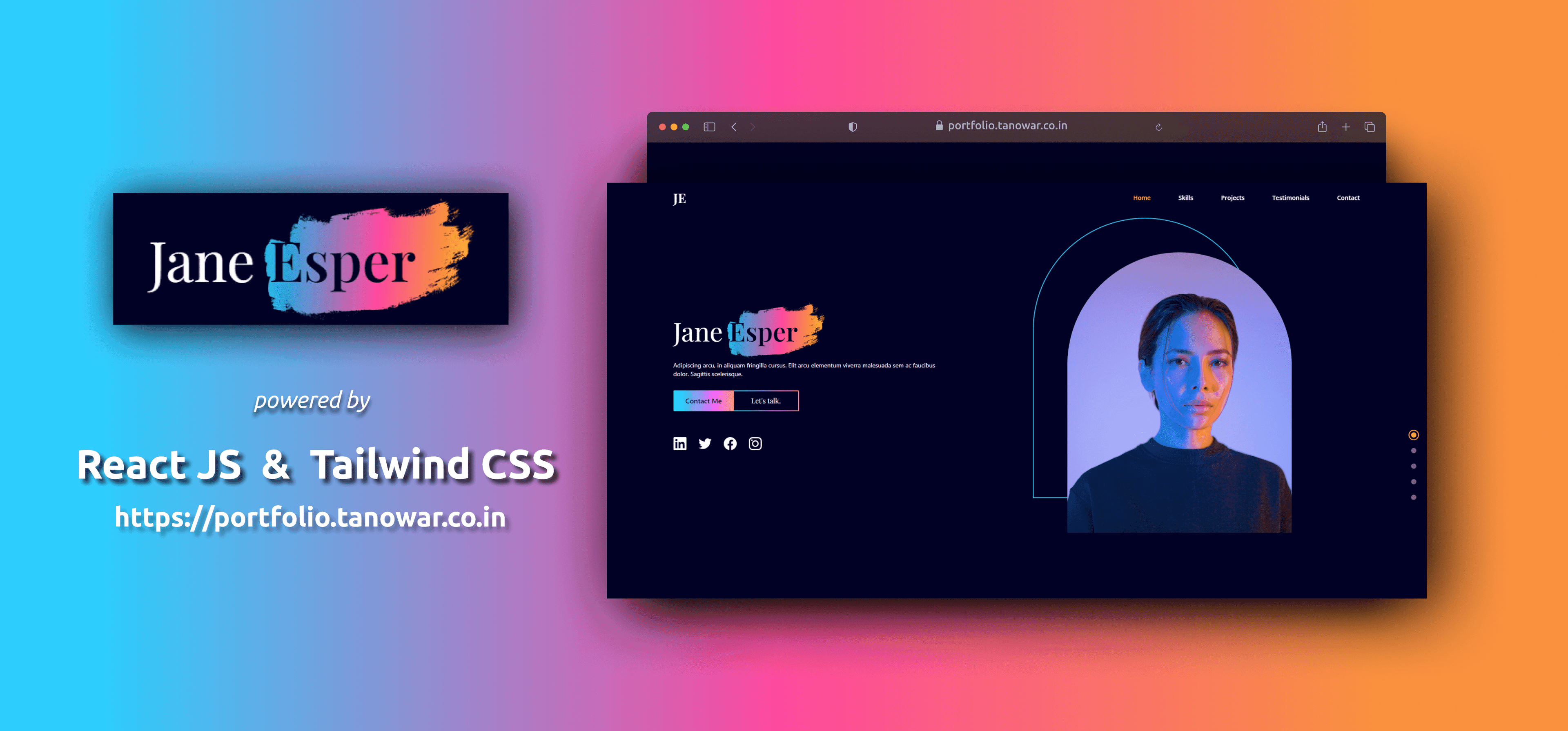 Explore a stunning portfolio website designed with ReactJS and Tailwind CSS. This elegantly crafted showcase reflects my skills and expertise in web development, providing an immersive and visually appealing experience for visitors.